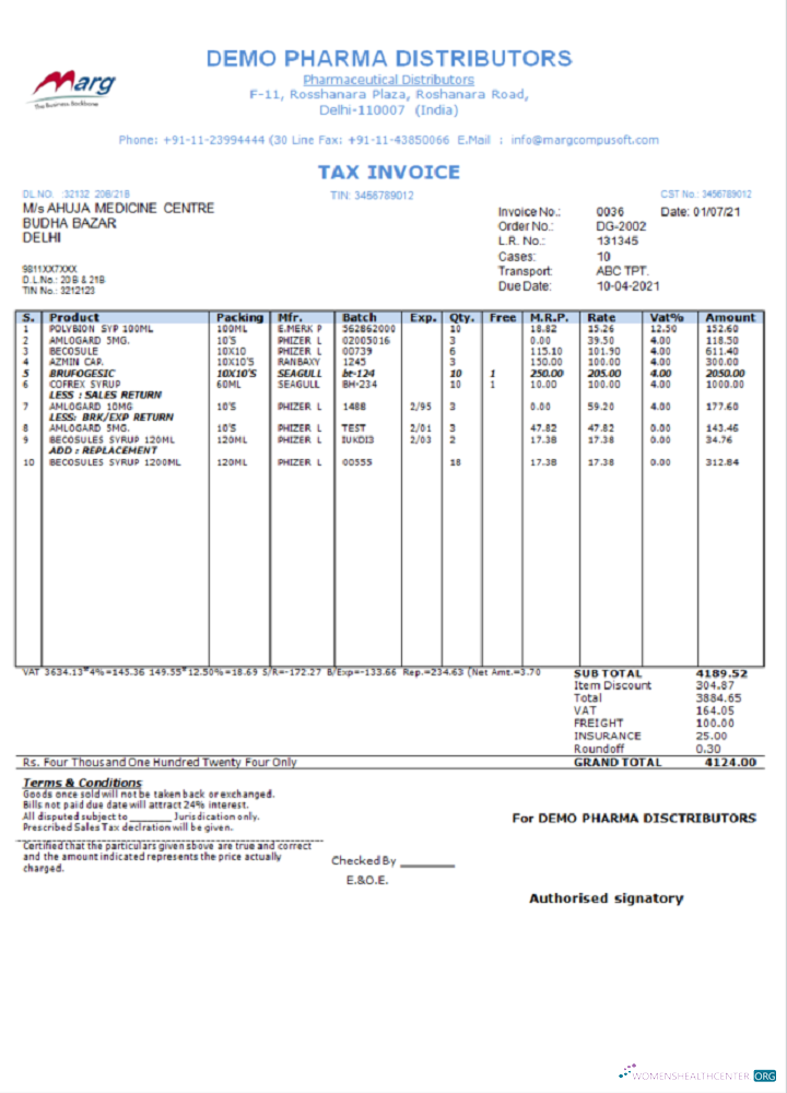 Download India Demo Pharma Distributor medicine consultancy services invoice Photoshop template